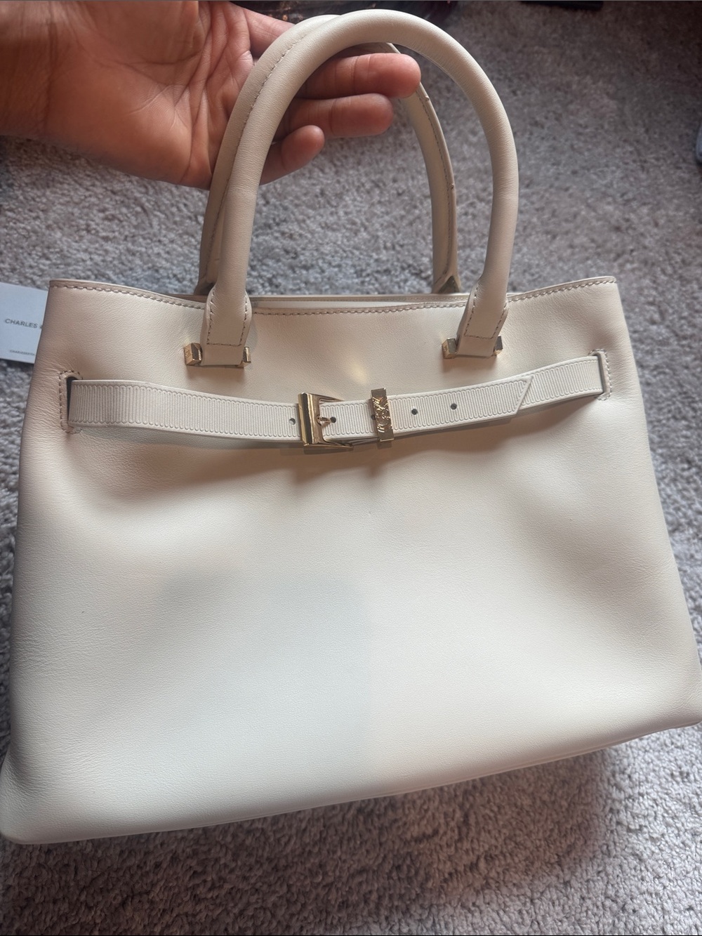 Charles & Keith Structured Cream Tote with Belt Accent